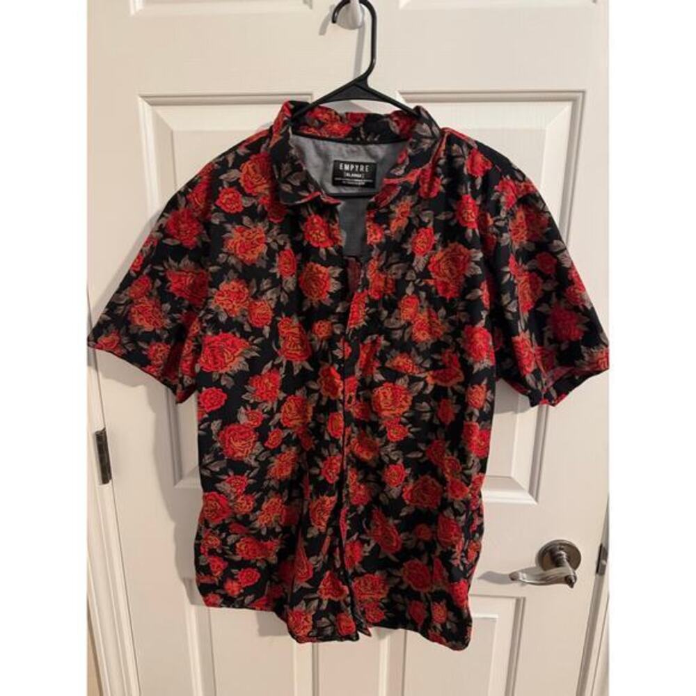 Empyre Mens 100% cotton Button Down Short Sleeve Black Red Floral XL